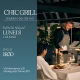 Locandina dell’evento serale Chic Grill al Mioni Luxury Swim & Spa con grigliata, sax live e atmosfera termale adults-only.