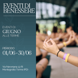 Locandina degli eventi di benessere di giugno a Montegrotto Terme presso Mioni Luxury Swim & Spa, con sessione mindfulness a bordo piscina termale.