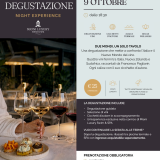 Locandina della degustazione di vini vicino a Padova Sensi in Degustazione del 9 ottobre al Mioni Luxury Swim & Spa, calici di vino bianco e rosso con cicchetti d'autore